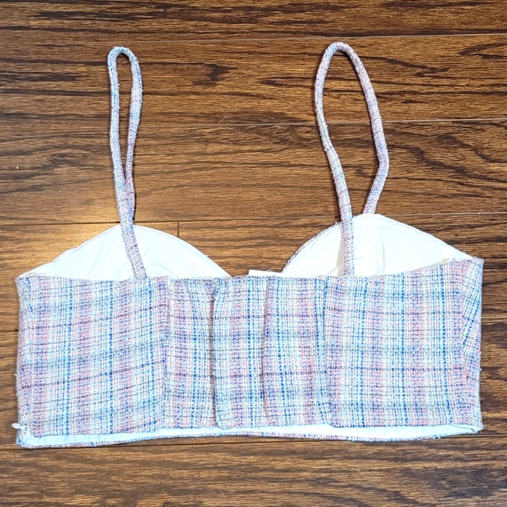 ZARA NEW Pink Blue Tweed 72% Cotton Cropped Heartshaped Neckline Spaghetti Strap - Picture 11 of 16